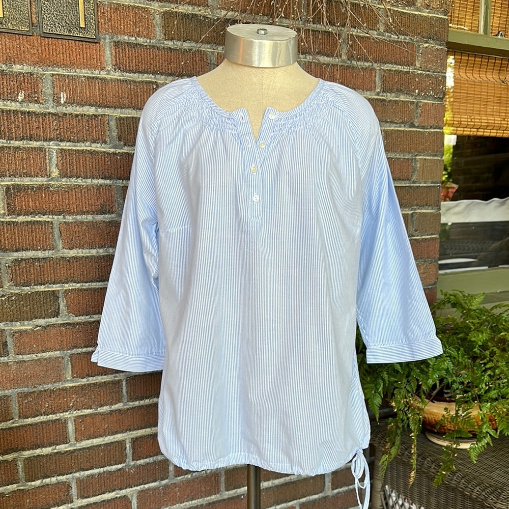 LL Bean blue/white stripe 3/4 sleeve popover top w/smocking/drawstring hem. Sz S